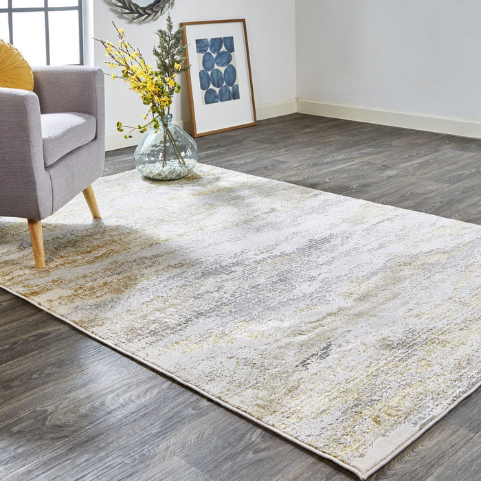 7' x 10' Abstract Stain Resistant Area Rug - Gold Gray And Ivory