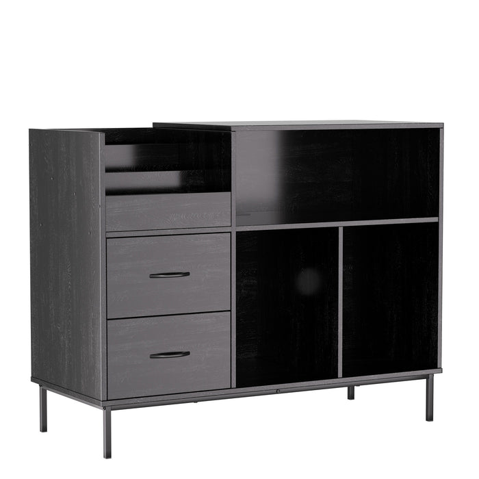 Giga eco-friendly vinyl record player stand with flip-top storage, dustproof drawers, and dual outlets for media organization.