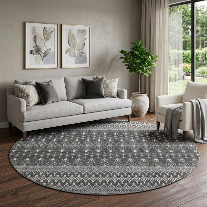 8' Tribal Washable Round Rug With UV Protection (657116) - Gray / Silver