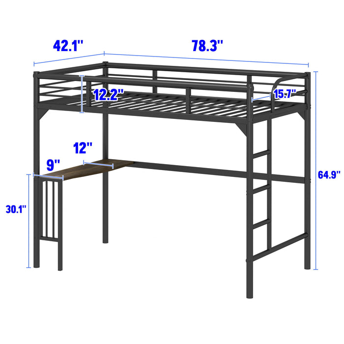 Black Giga twin metal loft bed with built-in desk, ladder, guardrails, and a book storage area underneath for space-saving sleeping solution.
