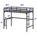 Black Giga twin metal loft bed with built-in desk, ladder, guardrails, and a book storage area underneath for space-saving sleeping solution.