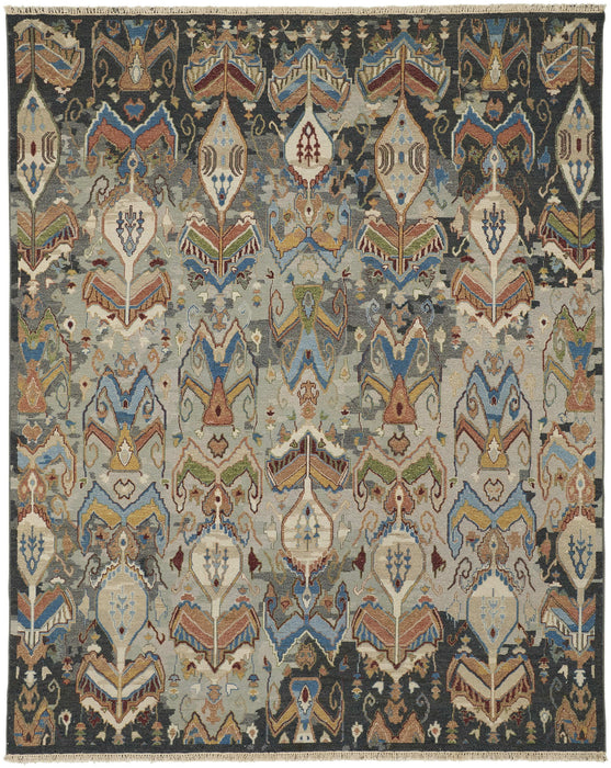 8' x 10' Wool Ikat Hand Knotted Area Rug With Fringe - Blue Gray And Brown