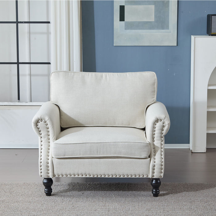Giga rolled arm stationary sofa with nailhead trim, single-seater upholstered couch with wooden legs and classic design.