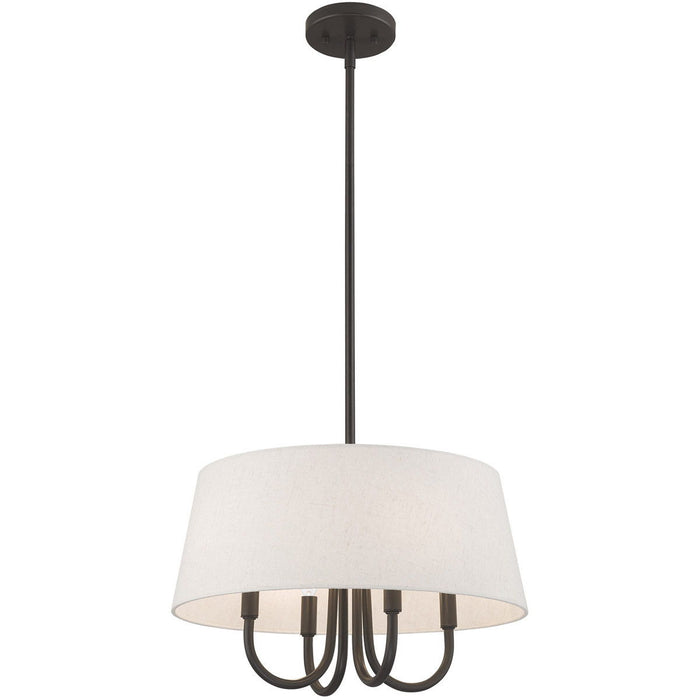 HomeRoots 20-inch bronze metal chandelier with four lights and cream shades, featuring a dimmable design for elegant lighting.