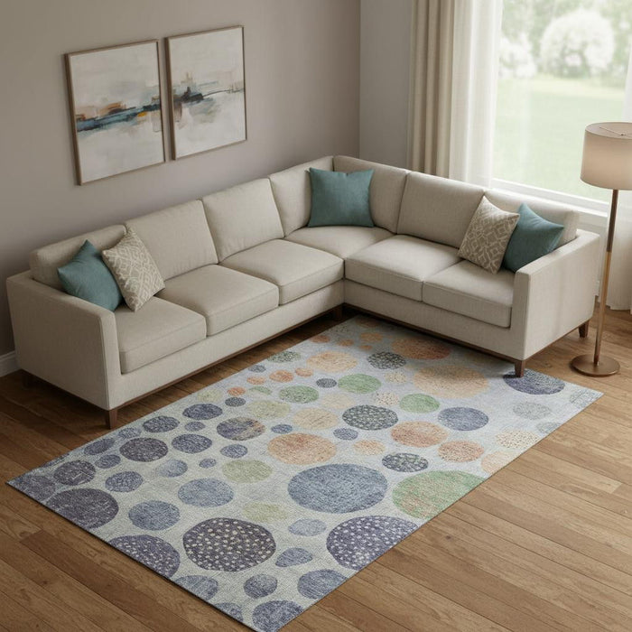 10' X 14' Geometric Washable Area Rug With UV Protection (707443) - Denim Blue / Green / Peach
