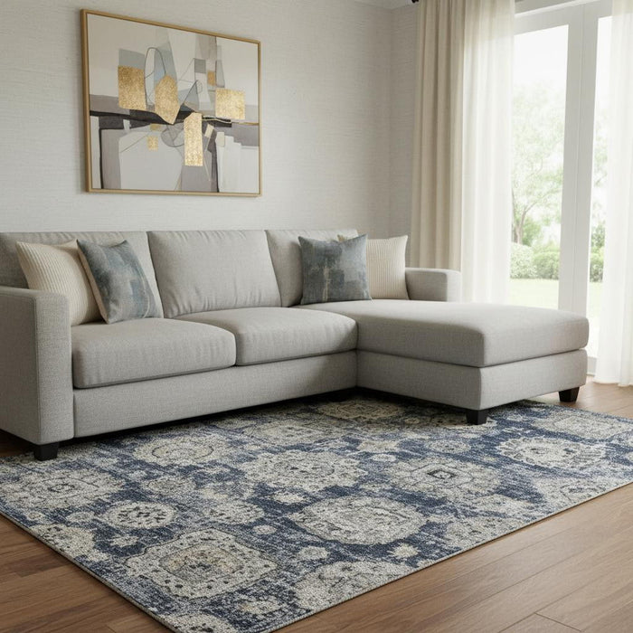 10' X 14' Floral Washable Area Rug With UV Protection (653218) - Navy Blue / Ivory