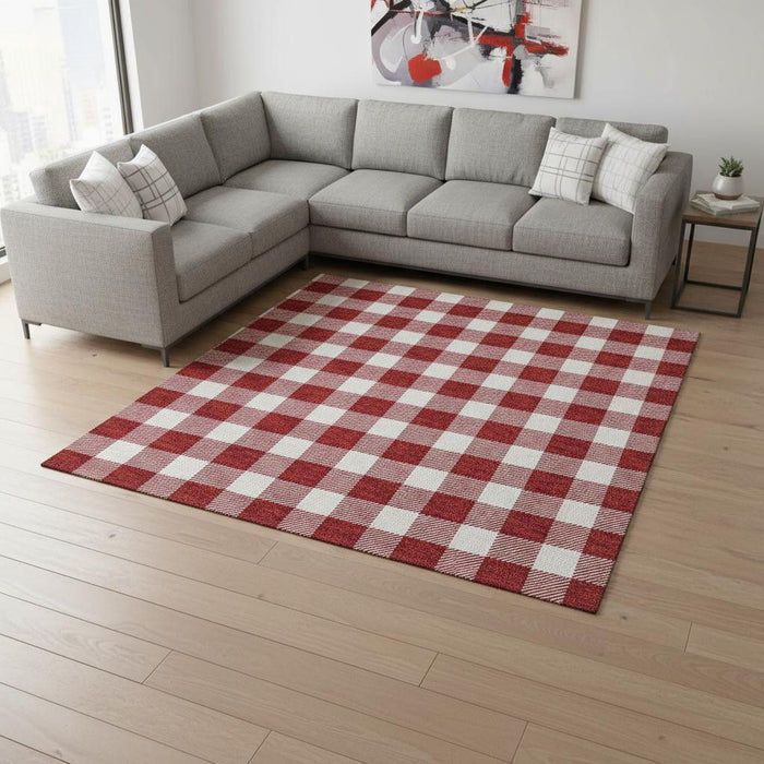 10' X 14' Plaid Washable Area Rug With UV Protection (673411) - Red / Ivory