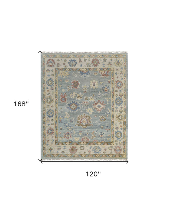10' x 14' Wool Floral Hand Knotted Area Rug With Fringe - Blue Ivory And Yellow