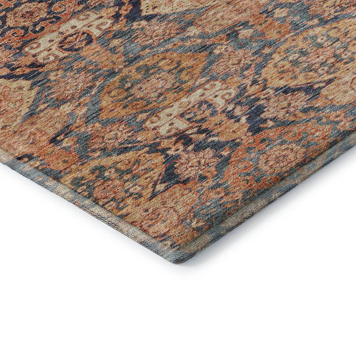 10' X 14' Damask Washable Area Rug With UV Protection (683950) - Terra Cotta / Blue