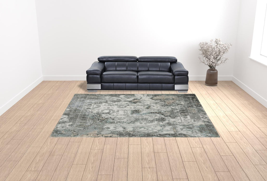 10' x 13' Oriental Power Loom Stain Resistant Area Rug - Ivory Gray Charcoal Blue And Rust