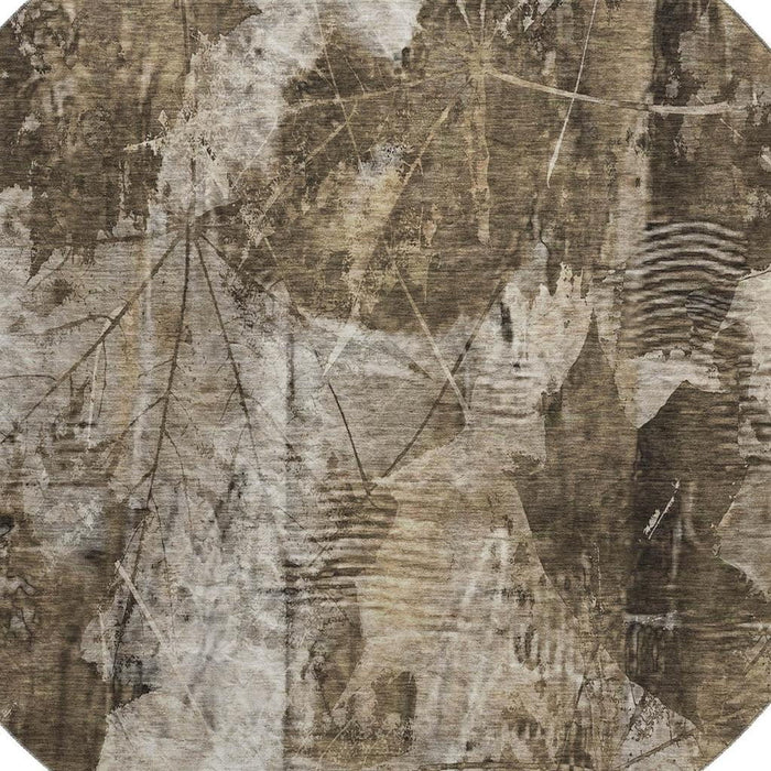 8' Floral Washable Round Rug With UV Protection (649087) - Taupe / Ivory