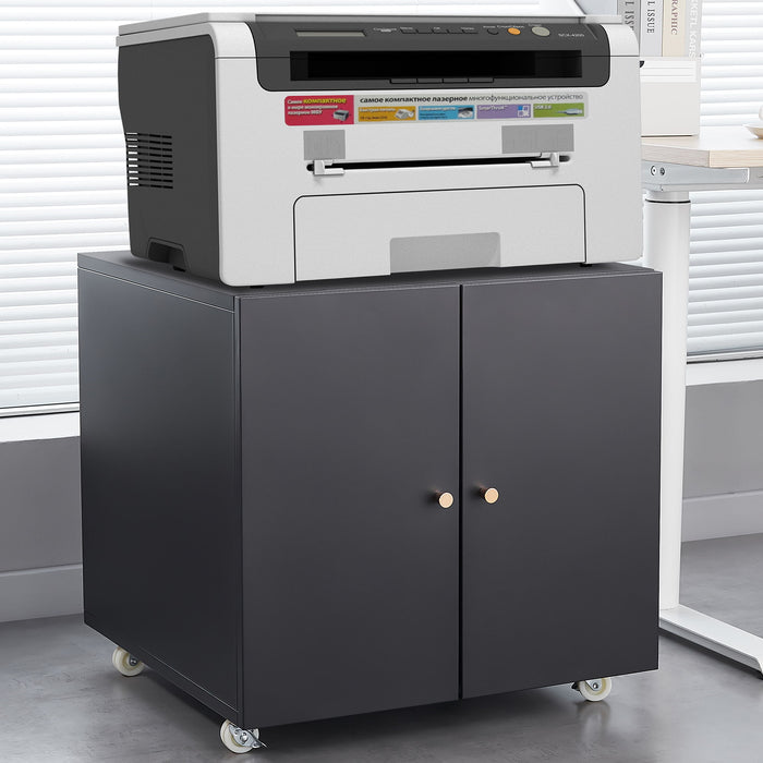 Giga office copier cabinet with two steel doors, mobile printer stand and pedestal file storage for office organization.