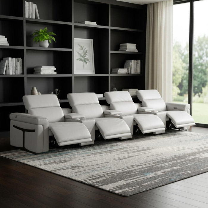 Top Grain Leather Reclining Metal USB Sofa (720377) - Light Gray