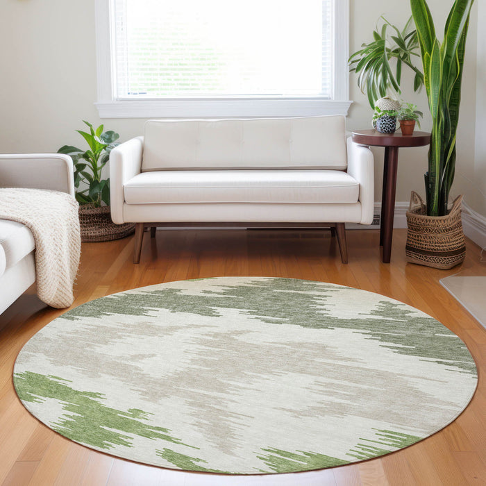 8' Transitional Abstract Washable Round Rug With UV Protection - Green
