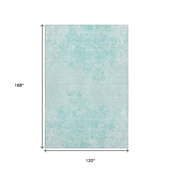 10' X 14' Floral Washable Area Rug With UV Protection (655680) - Teal / Ivory