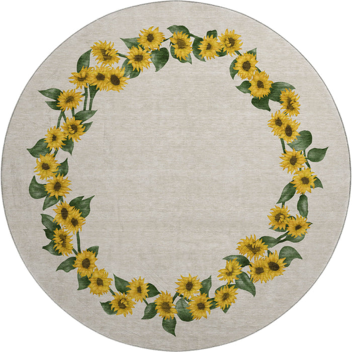 8' Geometric Washable Round Rug With UV Protection - Yellow / Ivory