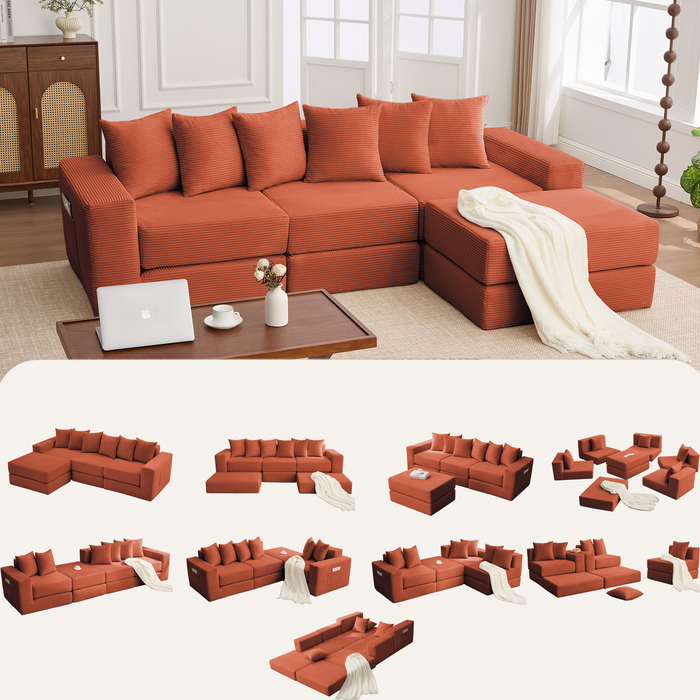 [NEW ARRIVED] [VIDEO PROVIDED]10-in-1 Convertible Sofa Sectional ,Corner Couch , Convertible Floor Sleeper Sofa,Corduroy,Side Pocket,No Assembly,DIY,L Shaped  Modular Sofa,6 Pillows,Orange