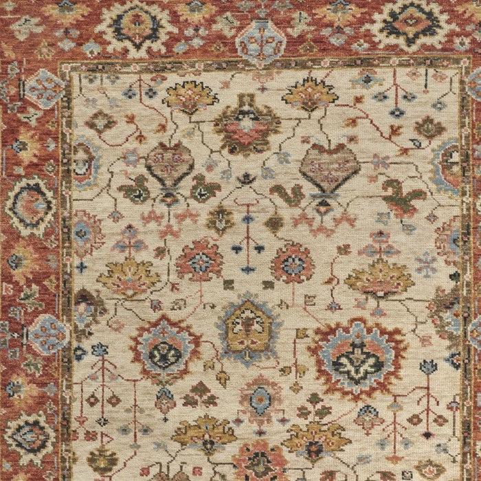 9' x 12' Wool Floral Hand Knotted Area Rug With Fringe - Red And Ivory