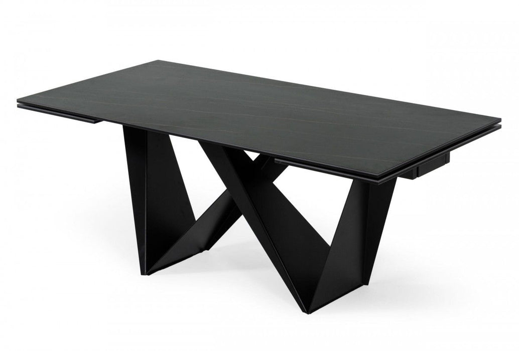 Ceramic Metal Self-Storing Leaf Pedestal Base Extendable Dining Table - Black