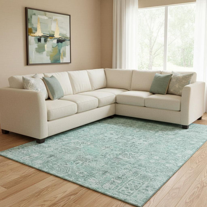 10' X 14' Floral Washable Area Rug With UV Protection (651220) - Teal / Ivory