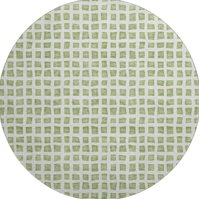 8' Geometric Washable Round Rug Polyester With UV Protection - Artichoke Green And Ivory