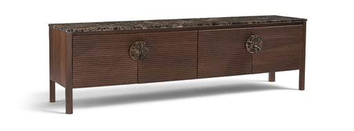 Varenna Meridian Furniture TV stand with 69-inch genuine marble top and acacia wood frame, modern media console for living room.