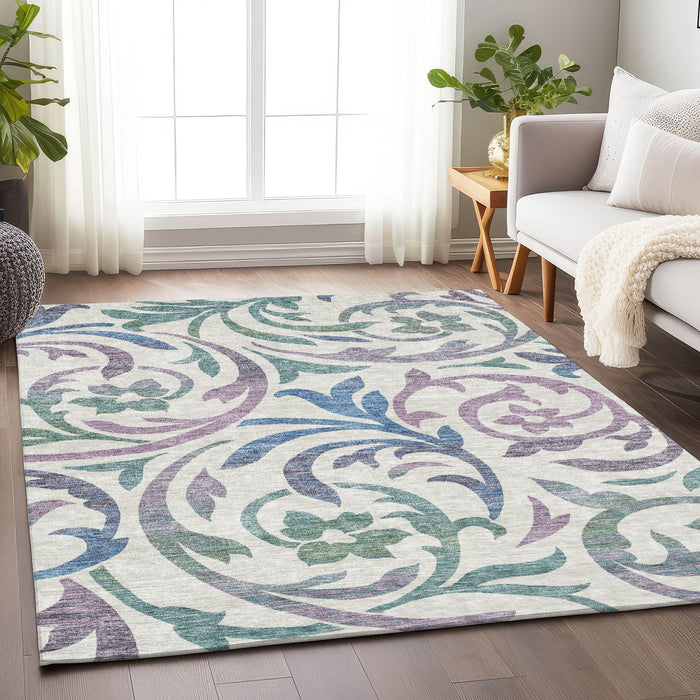 10' X 14' Mauve Floral Washable Area Rug With UV Protection - White