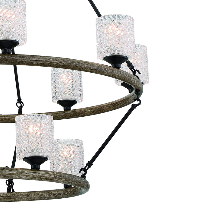HomeRoots black twelve-light metal chandelier with shades, dimmable design, perfect for modern dining or living room decor.