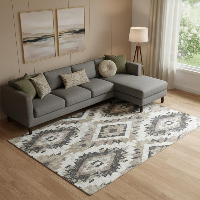10' X 14' Southwestern Washable Area Rug With UV Protection (706619) - Taupe / Charcoal / Ivory