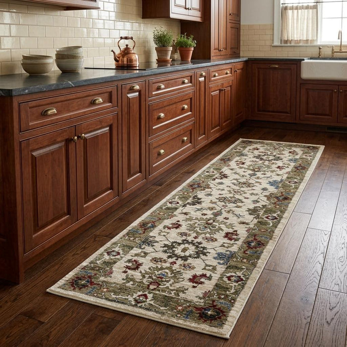8' Oriental Runner Rug With Fringe (575634) - Ivory / Green / Red