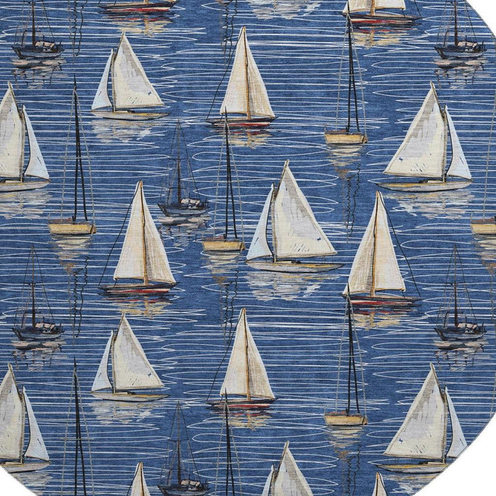 8' Nautical Washable Round Rug With UV Protection - Navy Blue