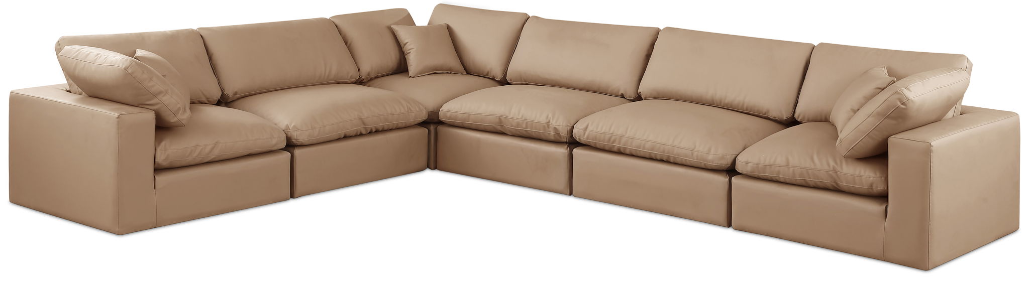 Tan Meridian Furniture Comfy 6-piece faux leather modular corner sectional with plush cushions and modern design.