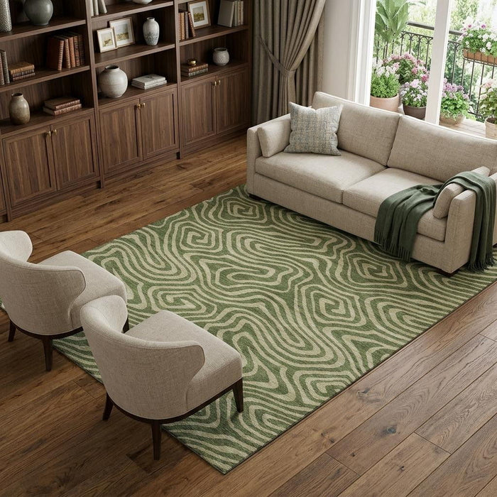 10' X 14' Abstract Washable Area Rug With UV Protection (680109) - Olive Green / Beige