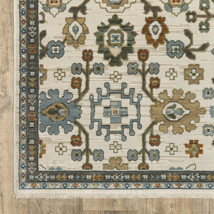 8' X 11' Floral Area Rug With Fringe (575090) - Ivory / Blue / Brown