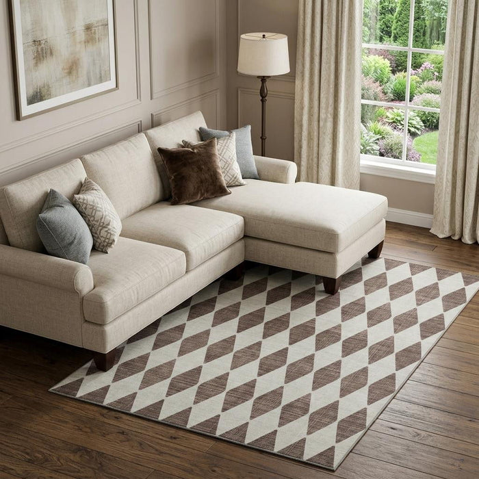8' X 10' Diamond Washable Area Rug With UV Protection (650036) - Brown / Ivory