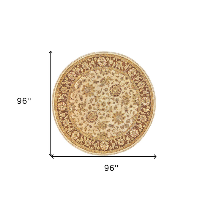8' Wool Oriental Hand Knotted Round Rug - Ivory Gold And Brown