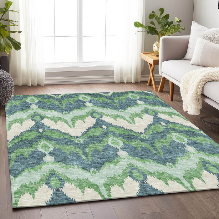 8' X 10' Ikat Washable Area Rug With UV Protection - Green And Ivory