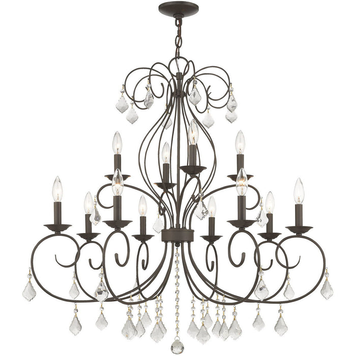 Twelve Light Metal Dimmable Chandelier With Shades - Bronze / Clear