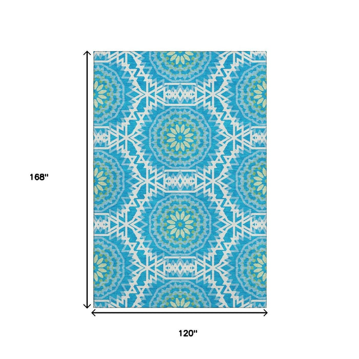 10' X 14' Geometric Washable Area Rug With UV Protection (652203) - Blue / Ivory / Olive Green