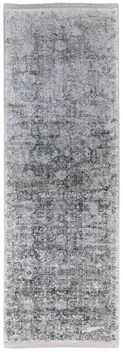 12' Damask Power Loom Worn Faded Runner Rug - Gray And Silver