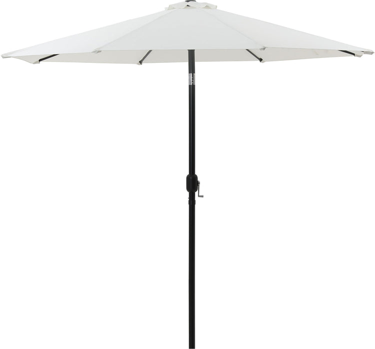 Meridian Furniture Fiji aluminum patio umbrella with round white and black base, ideal for outdoor shade and protection