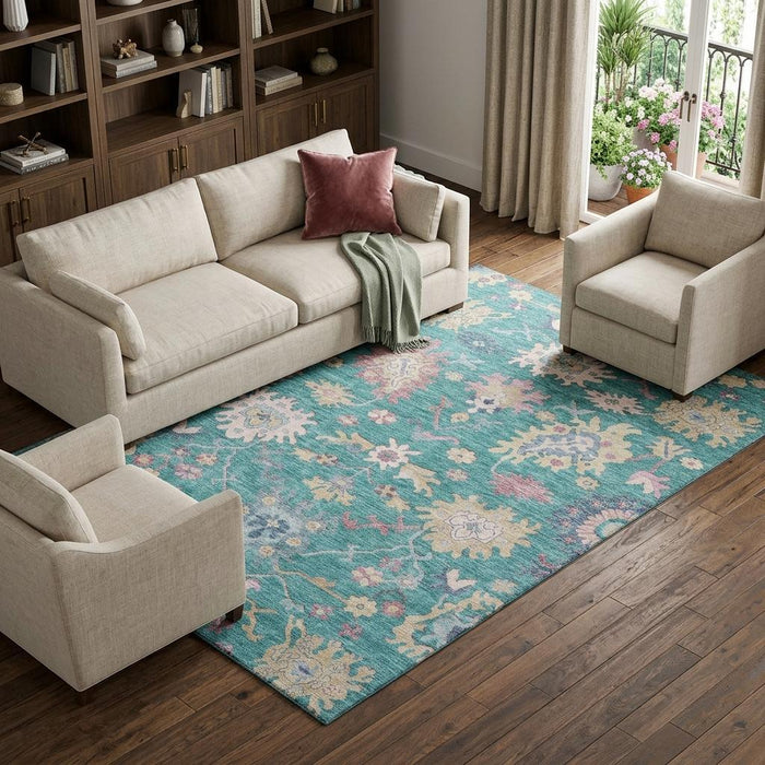 10' X 14' Floral Washable Area Rug With UV Protection (686987) - Teal / Beige / Pink