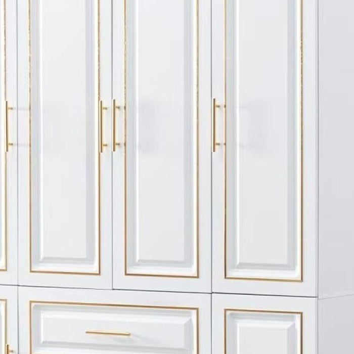 HomeRoots 79-inch six-door two-drawer combo dresser in gold and white with sleek wardrobe doors and spacious drawers.