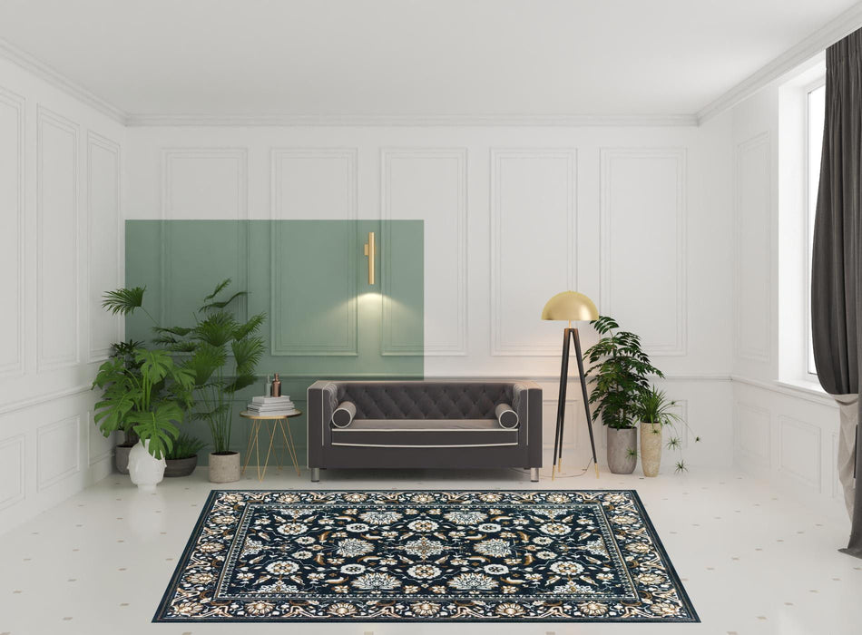 8' x 11' Oriental Power Loom Stain Resistant Area Rug - Navy Caramel And Ivory