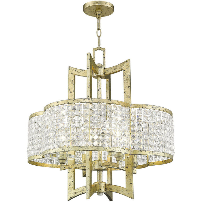 24-inch gold and clear metal chandelier with four lights and shades, dimmable lighting, by HomeRoots.