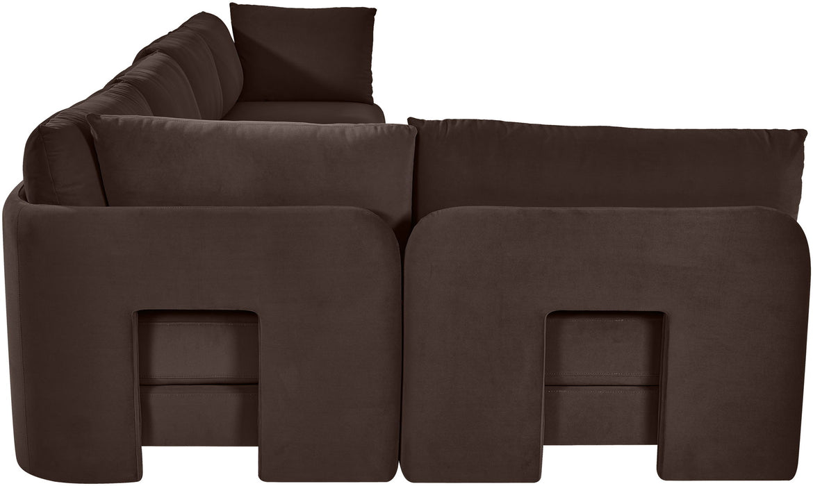 Meridian Furniture Hammond velvet performance fabric L-shaped sectional sofa with five stationary upholstered pieces.