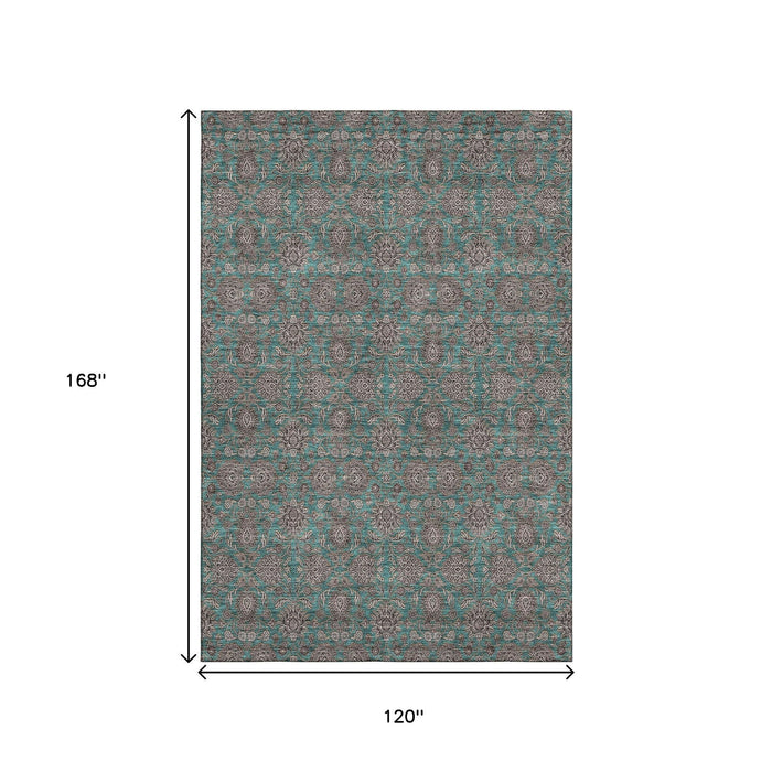 10' X 14' Floral Washable Area Rug With UV Protection (656861) - Teal / Beige