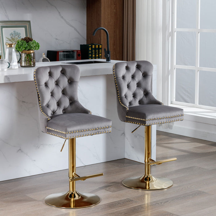 Set of two Giga modern upholstered swivel barstools with tufted backs, adjustable seats from 25-33 inches, suitable for home or kitchen island.