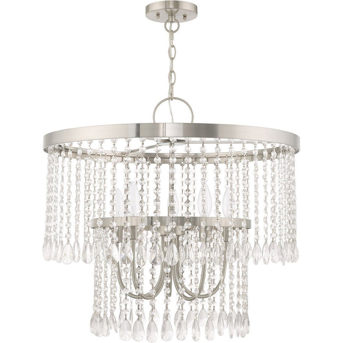 23" Five Light Dimmable Chandelier With Shades - Nickel / Pearl Silver