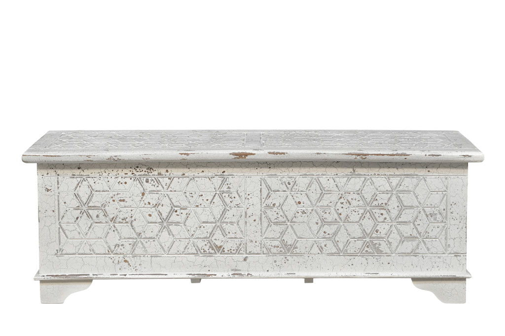 Solid Wood Geometric Storage Ottoman - White / Rustic